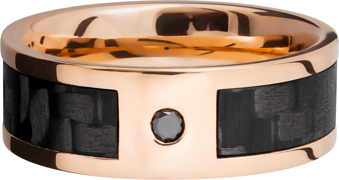 14K Rose Gold 8mm flat band with a 5mm inlay of segmented black Carbon Fiber and a flush-set black diamond accent