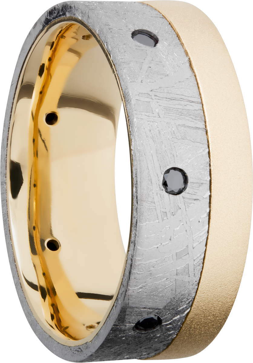18K yellow gold flat band with an off-center inlay of authentic Gibeon Meteorite and 7, .04ct flush-set black diamonds