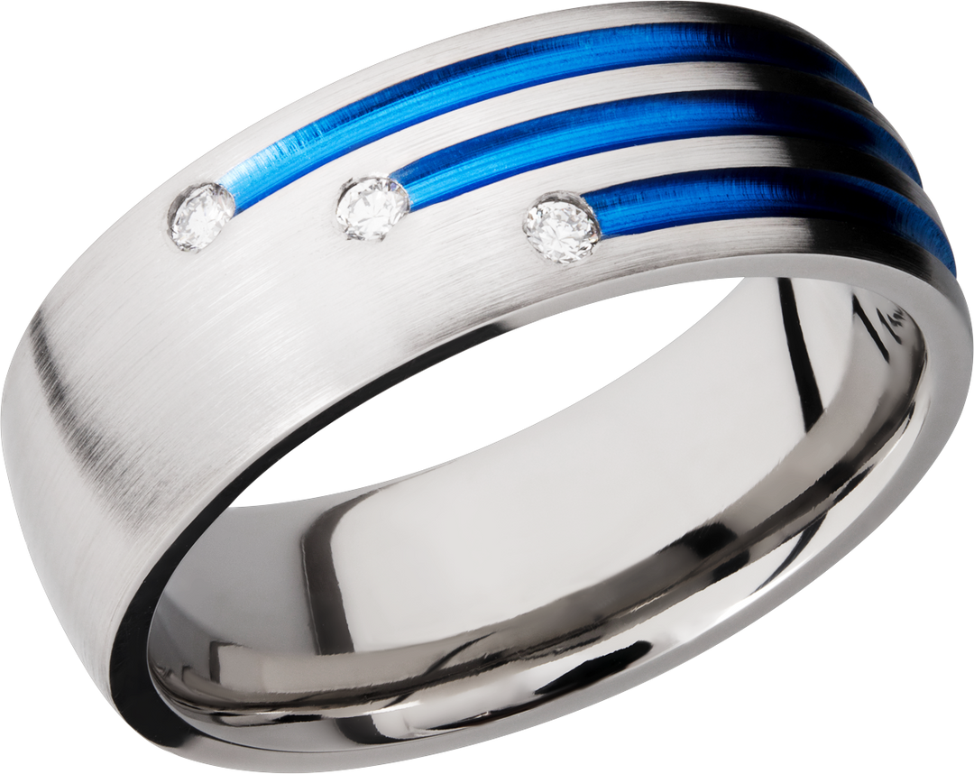 Titanium 8mm domed band with three staggered grooves with Cerakote and 3, .03 flush-set diamonds