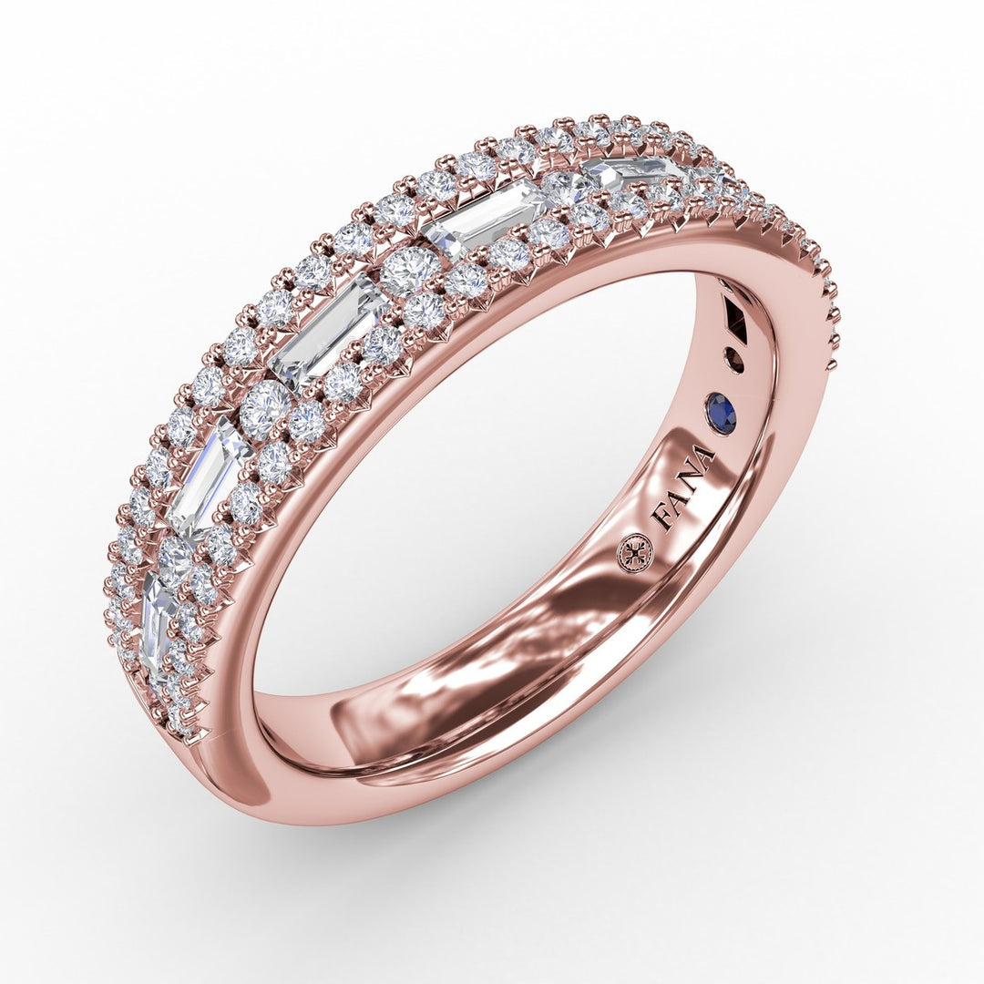 Triple-Row Baguette and Round Diamond Band