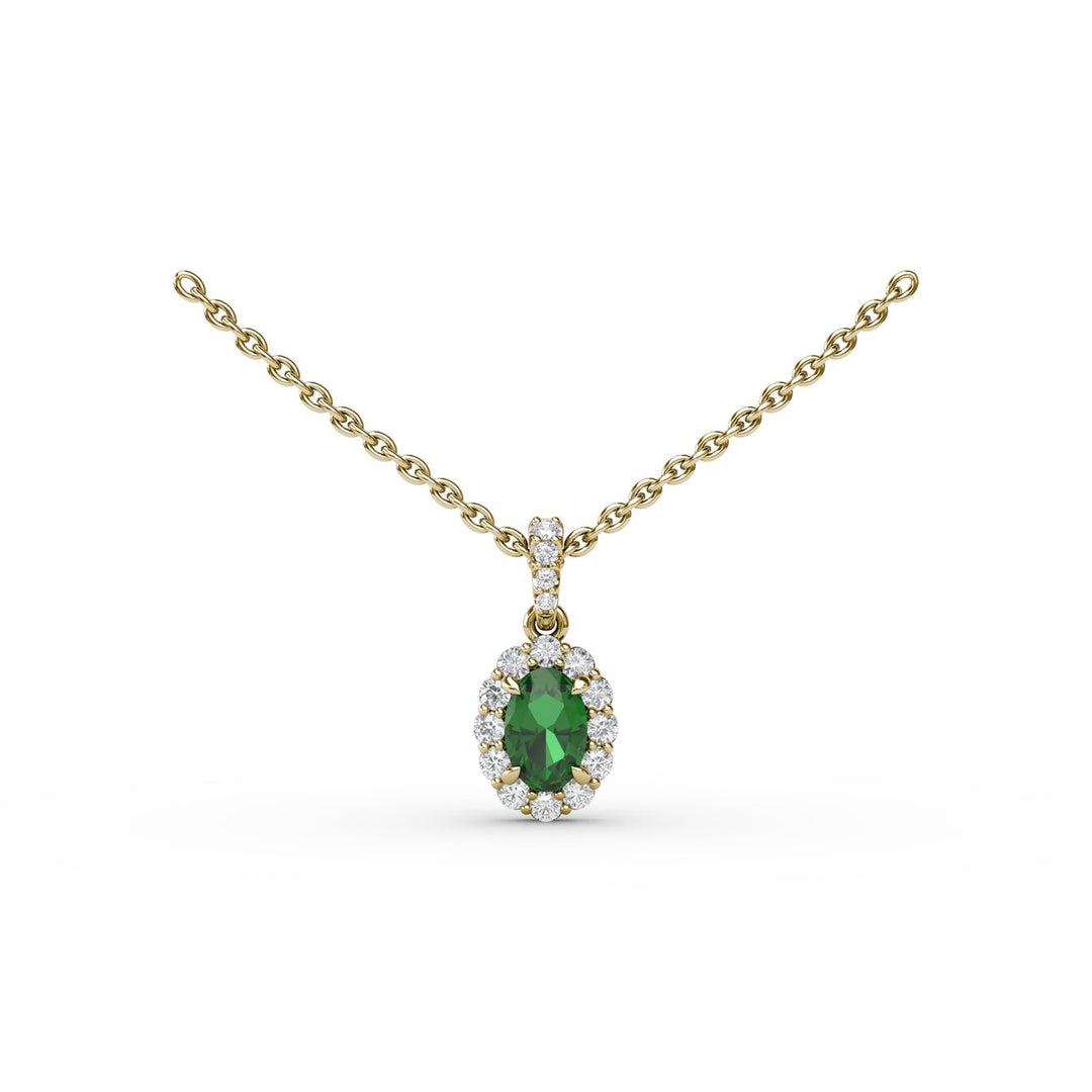 Emerald and Diamond Halo Necklace