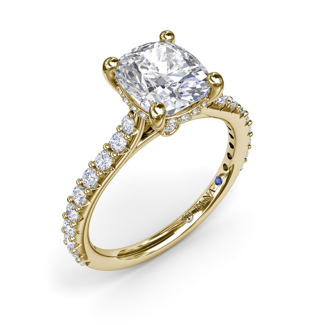 Classic Cushion Solitaire Engagement Ring With Hidden Pavé Halo