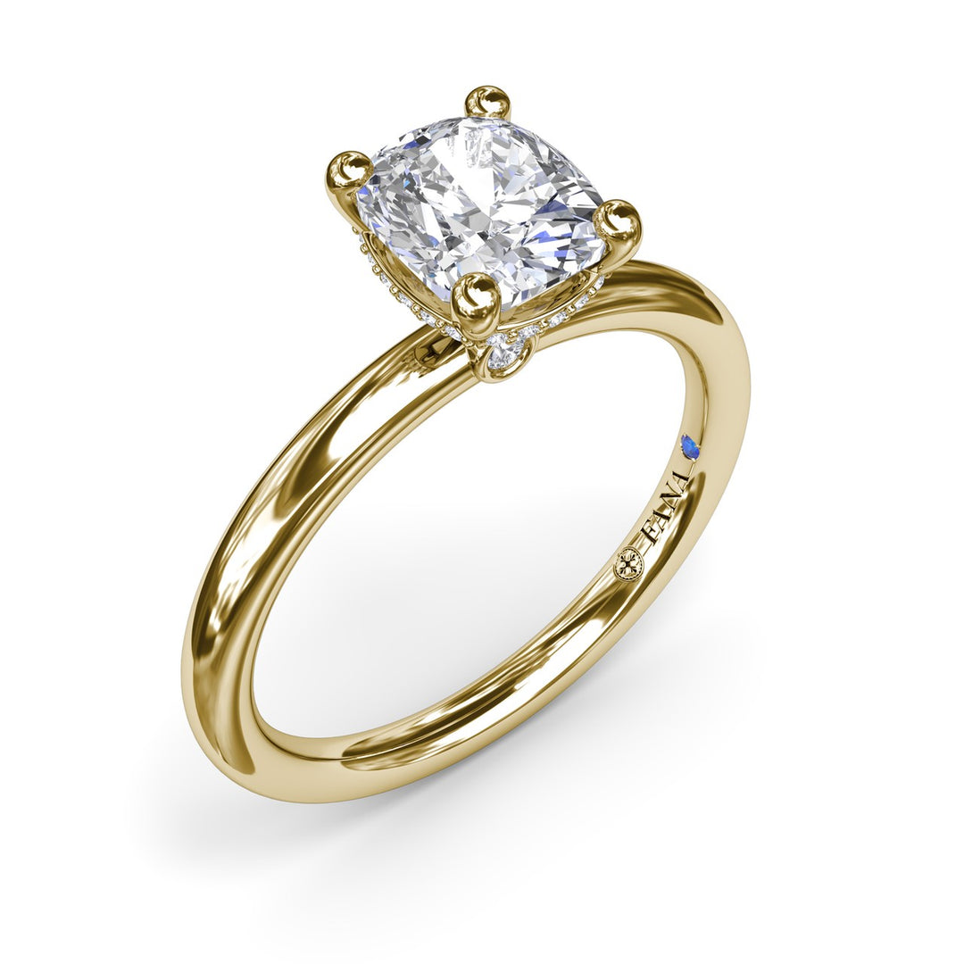 Contemporary Cushion Solitaire Engagement Ring With Hidden Pavé Halo