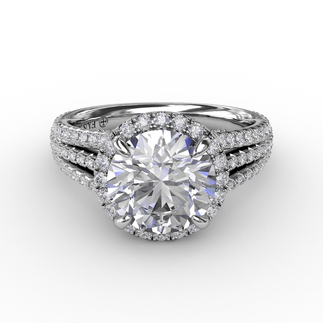 Round Diamond Halo Engagement Ring With Triple-Row Diamond Band