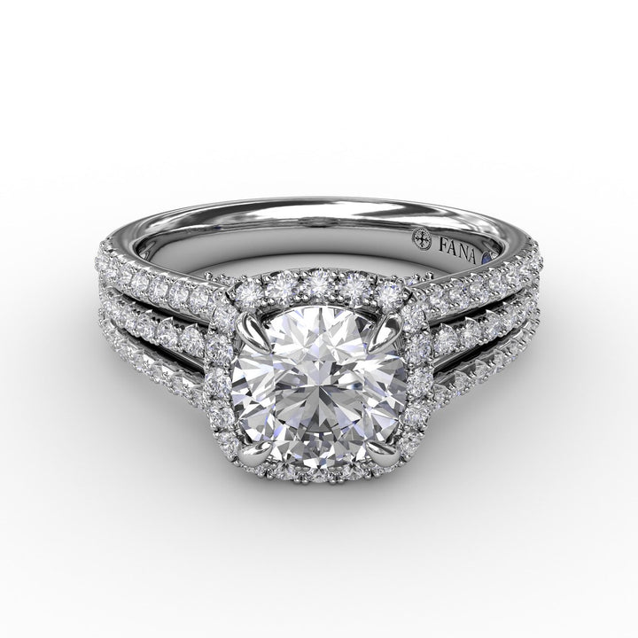 Cushion-Shaped Diamond Halo Engagement Ring With Triple-Row Diamond Band