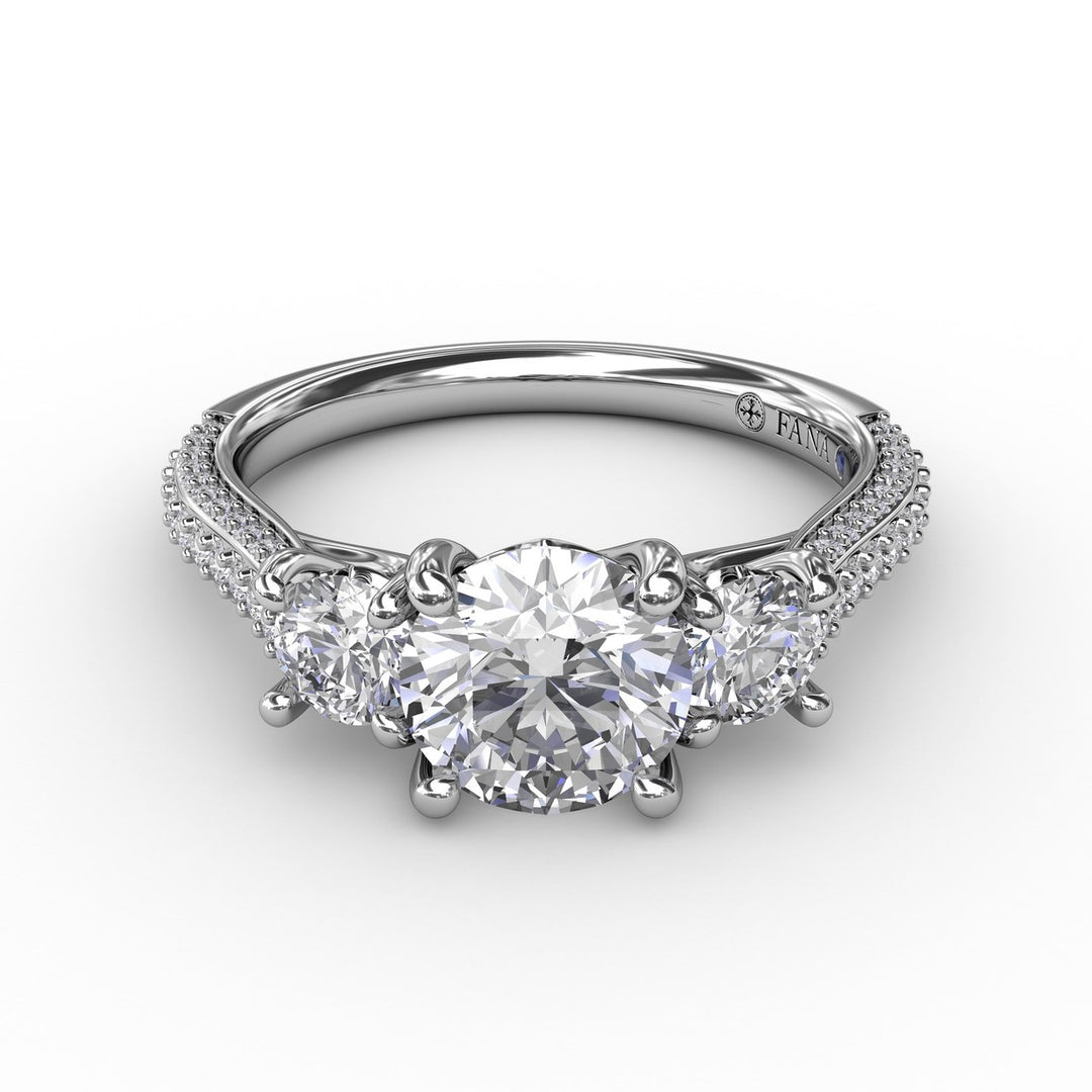 Classic Three-Stone Round Diamond Engagement Ring With Pavé Band
