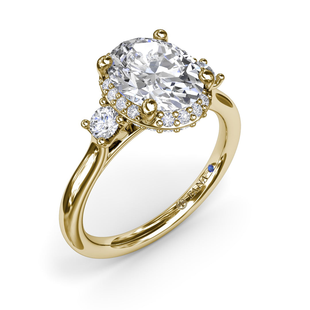 Three Stone Diamond Halo Engagement Ring