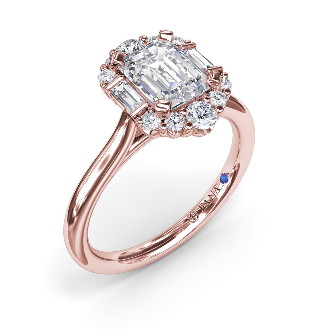 Graduated Halo Emerald Diamond Engagement Ring