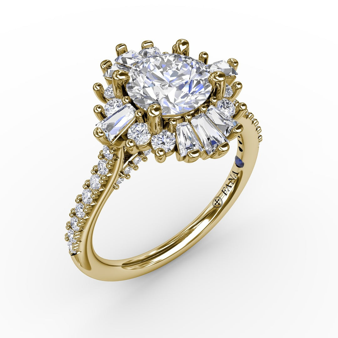 Mixed Shape Diamond Halo Ballerina Style Engagement Ring With Diamond Band