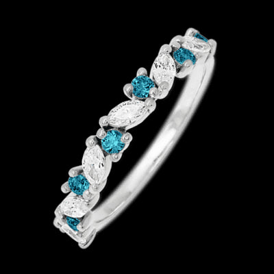 10K White Gold band with alternating 7 Round Ocean Blue Diamond and 6 Marquise Lab Grown Diamond having TCW-.81