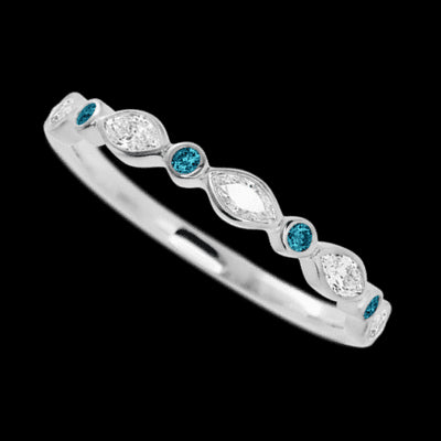 10K White Gold band with alternating 4 Round Ocean Blue Diamond and 5 Marquise Lab Grown Diamond having TCW-.56