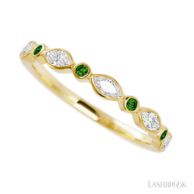 10K Yellow Gold band with alternating 4 Round Green Diamond and 5 Marquise Lab Grown Diamond having TCW-.56