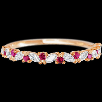 14K Rose Gold band with alternating 9 Round Ruby and 8 Marquise Lab Grown Diamond having TCW-.38
