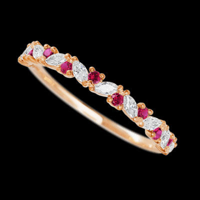14K Rose Gold band with alternating 9 Round Ruby and 8 Marquise Lab Grown Diamond having TCW-.38
