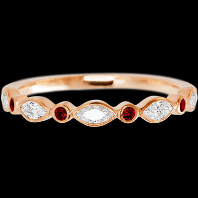 14K Rose Gold band with alternating 4 Round Dark Ruby and 5 Marquise Lab Grown Diamond having TCW-.56
