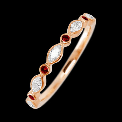 14K Rose Gold band with alternating 4 Round Dark Ruby and 5 Marquise Lab Grown Diamond having TCW-.56