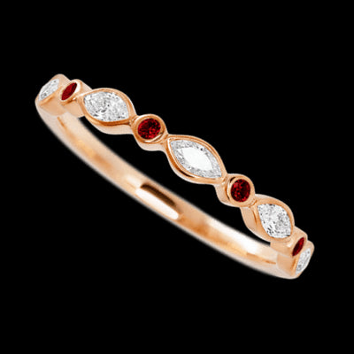 14K Rose Gold band with alternating 4 Round Dark Ruby and 5 Marquise Lab Grown Diamond having TCW-.56