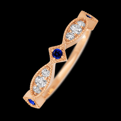 14K Rose Gold band with alternating 3 Round Sapphire, 2 Round Lab Grown Diamond and 4 Round Lab Grown Diamond having TCW-.27