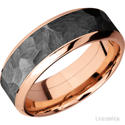 8 mm wide/High Bevel/14K Rose Gold band with one 5 mm Centered inlay of Zirconium.