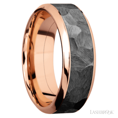 8 mm wide/High Bevel/14K Rose Gold band with one 5 mm Centered inlay of Zirconium.