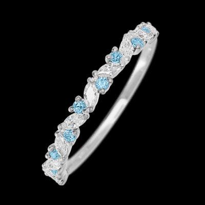 14K White Gold band with alternating 9 Round Aqua Diamond and 8 Marquise Lab Grown Diamond having TCW-.38
