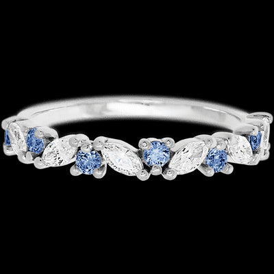 14K White Gold band with alternating 7 Round Denim Sapphire and 6 Marquise Lab Grown Diamond having TCW-.81
