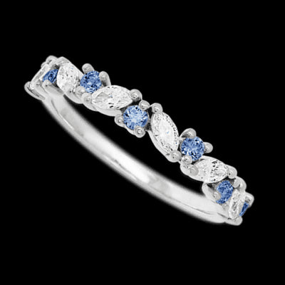 14K White Gold band with alternating 7 Round Denim Sapphire and 6 Marquise Lab Grown Diamond having TCW-.81