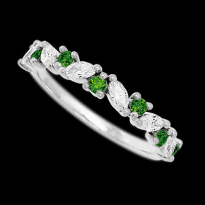 14K White Gold band with alternating 7 Round Green Diamond and 6 Marquise Lab Grown Diamond having TCW-.81