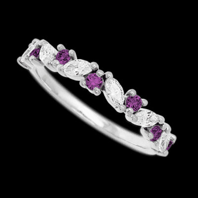 14K White Gold band with alternating 7 Round Purple Diamond and 6 Marquise Lab Grown Diamond having TCW-.81