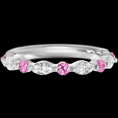 14K White Gold band with alternating 5 Round Pink Sapphire and 4 Marquise Lab Grown Diamond having TCW-.85