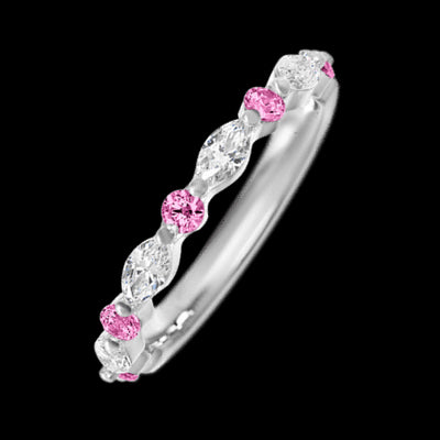 14K White Gold band with alternating 5 Round Pink Sapphire and 4 Marquise Lab Grown Diamond having TCW-.85