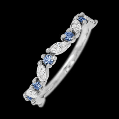 14K White Gold band with alternating 6 Round Denim Sapphire and 5 Marquise Lab Grown Diamond having TCW-.68