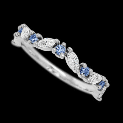 14K White Gold band with alternating 6 Round Denim Sapphire and 5 Marquise Lab Grown Diamond having TCW-.68