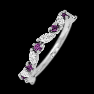14K White Gold band with alternating 6 Round Purple Diamond and 5 Marquise Lab Grown Diamond having TCW-.68