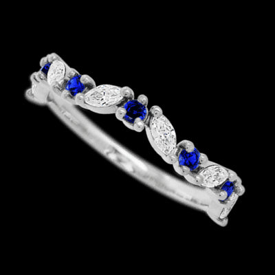 14K White Gold band with alternating 6 Round Sapphire and 5 Marquise Lab Grown Diamond having TCW-.68