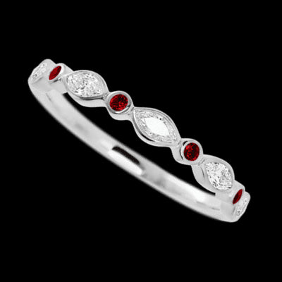 14K White Gold band with alternating 4 Round Dark Ruby and 5 Marquise Lab Grown Diamond having TCW-.56