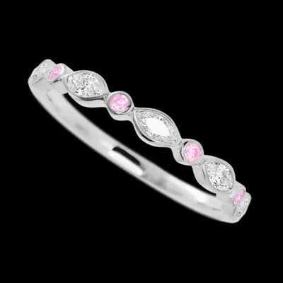 14K White Gold band with alternating 4 Round Light Pink Sapphire and 5 Marquise Lab Grown Diamond having TCW-.56