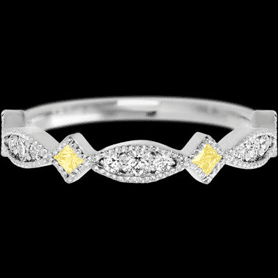14K White Gold band with alternating 7 Round Lab Grown Diamond, 6 Round Lab Grown Diamond and 4 Princess Light Yellow Sapphire having TCW-.51