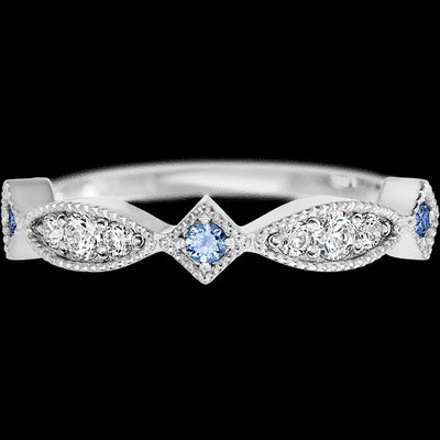 14K White Gold band with alternating 3 Round Denim Sapphire, 2 Round Lab Grown Diamond and 4 Round Lab Grown Diamond having TCW-.27