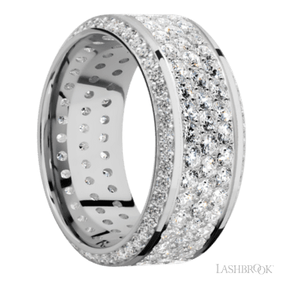 10 mm wide/High Bevel/14K White Gold band with a Bevel Eternity arrangement of .01 carat Round Diamond stones in a Bead setting and featuring a a 3 Row Eternity arrangement of .03 carat Round Diamond stones in a Bead Channel setting