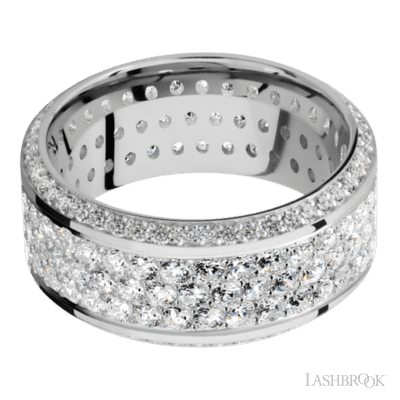 10 mm wide/High Bevel/14K White Gold band with a Bevel Eternity arrangement of .01 carat Round Diamond stones in a Bead setting and featuring a a 3 Row Eternity arrangement of .03 carat Round Diamond stones in a Bead Channel setting