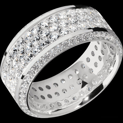 10 mm wide/High Bevel/14K White Gold band with a Bevel Eternity arrangement of .01 carat Round Diamond stones in a Bead setting and featuring a a 3 Row Eternity arrangement of .03 carat Round Diamond stones in a Bead Channel setting