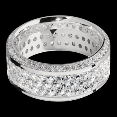 10 mm wide/High Bevel/14K White Gold band with a Bevel Eternity arrangement of .01 carat Round Diamond stones in a Bead setting and featuring a a 3 Row Eternity arrangement of .03 carat Round Diamond stones in a Bead Channel setting