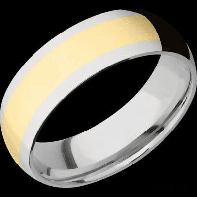 7 mm wide/Domed/14K White Gold band with one 4 mm Centered inlay of 14K Yellow Gold.