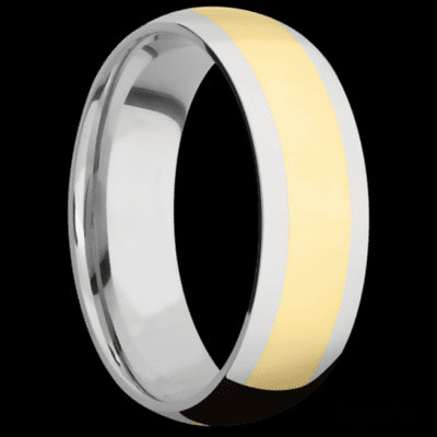 7 mm wide/Domed/14K White Gold band with one 4 mm Centered inlay of 14K Yellow Gold.