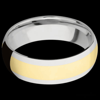 7 mm wide/Domed/14K White Gold band with one 4 mm Centered inlay of 14K Yellow Gold.