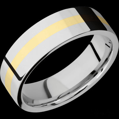 7 mm wide/Flat/14K White Gold band with one 2 mm Centered inlay of 14K Yellow Gold.