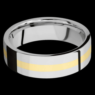 7 mm wide/Flat/14K White Gold band with one 2 mm Centered inlay of 14K Yellow Gold.