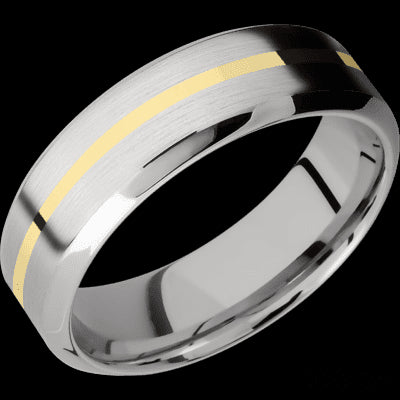 7 mm wide/High Bevel/14K White Gold band with one 1 mm Centered inlay of 14K Yellow Gold.