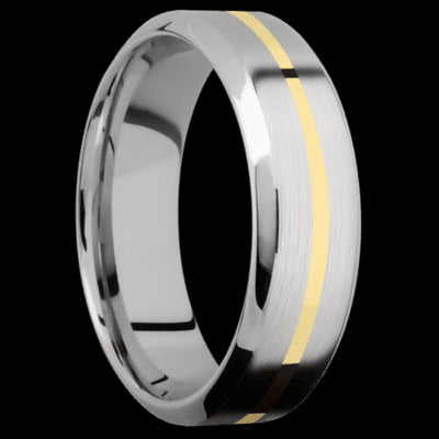 7 mm wide/High Bevel/14K White Gold band with one 1 mm Centered inlay of 14K Yellow Gold.